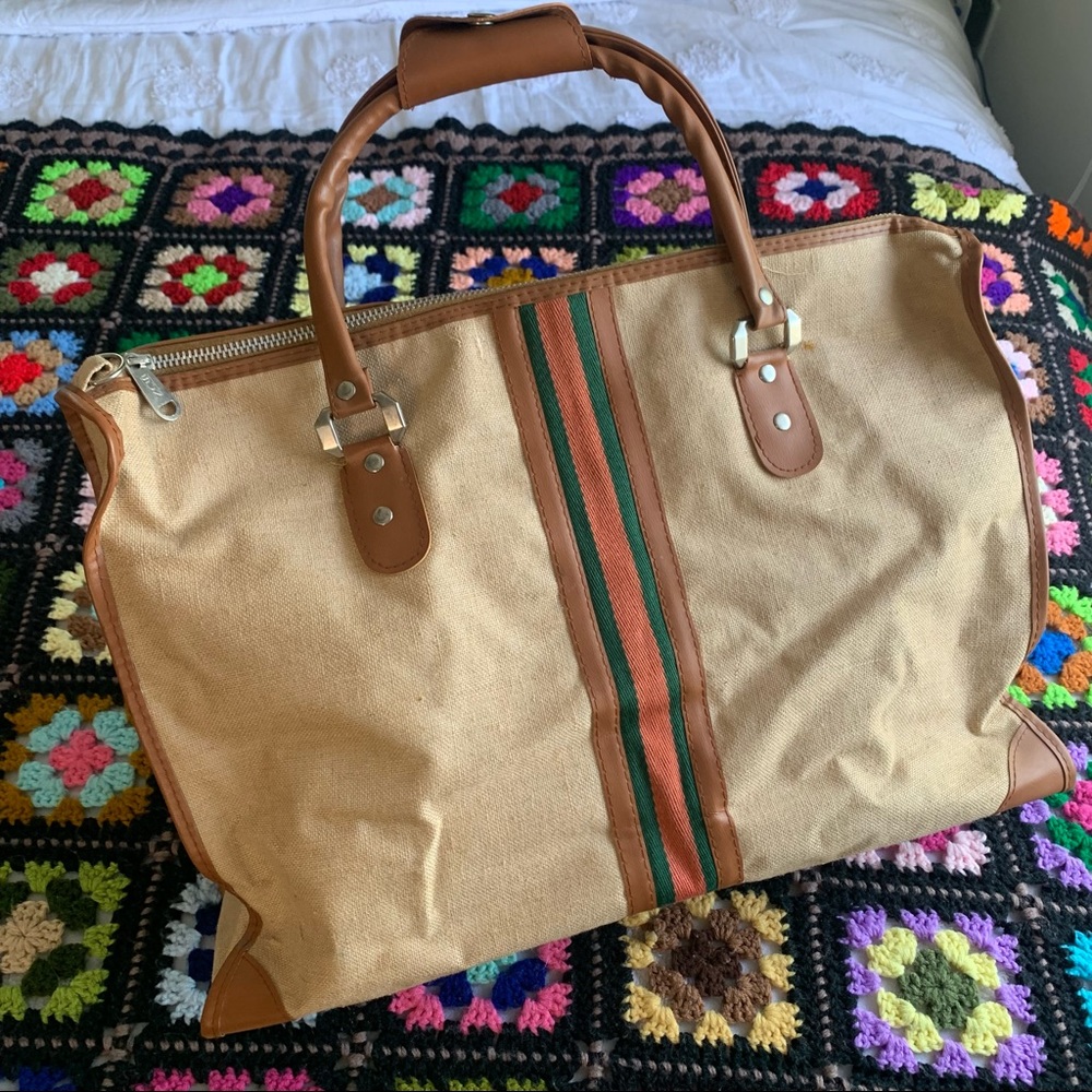 Vintage 70s Racing Stripe Tote Duffel Bag